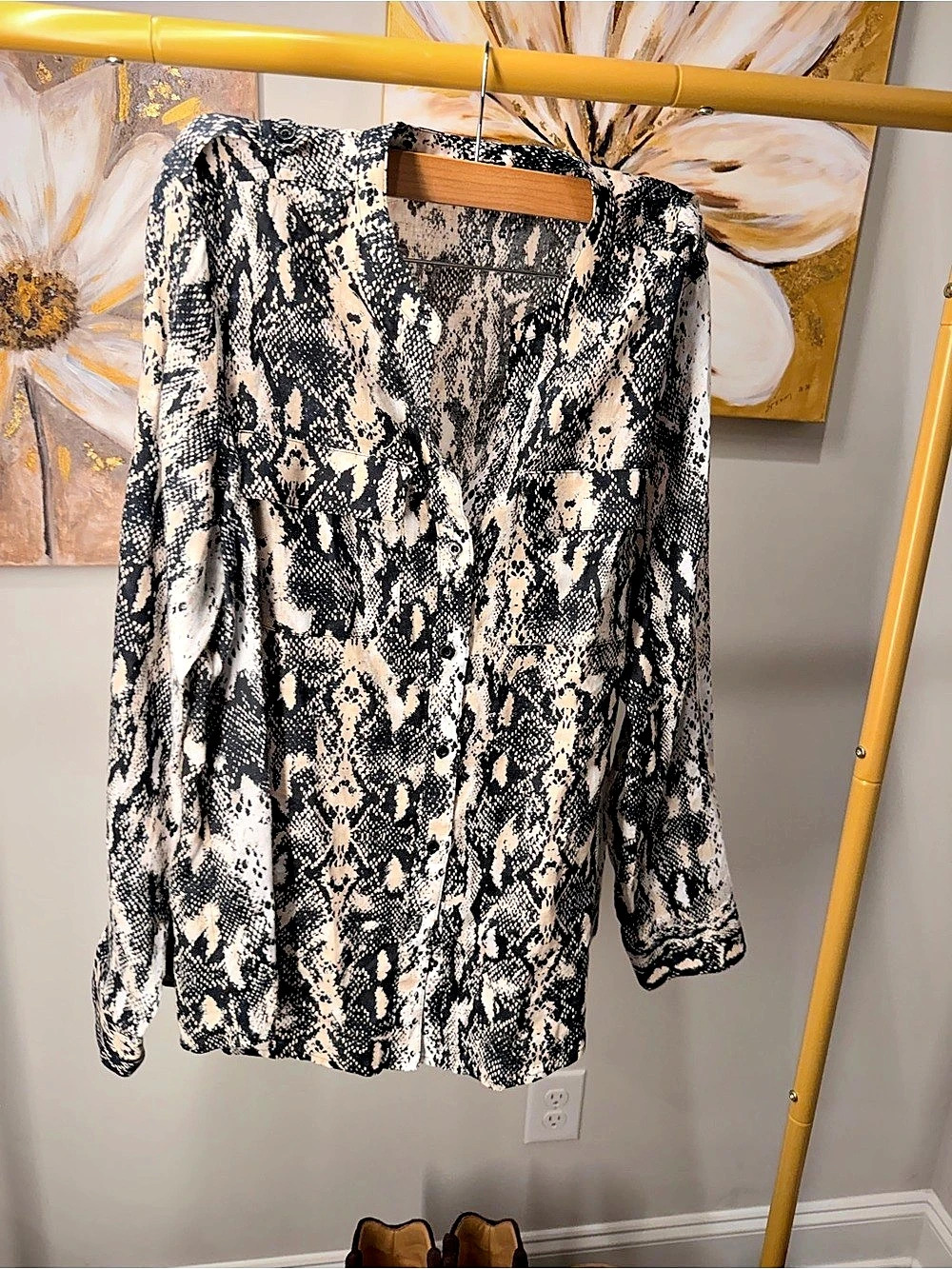 Calvin Klein Slim Signature Python Print Silk Shirt Black & White